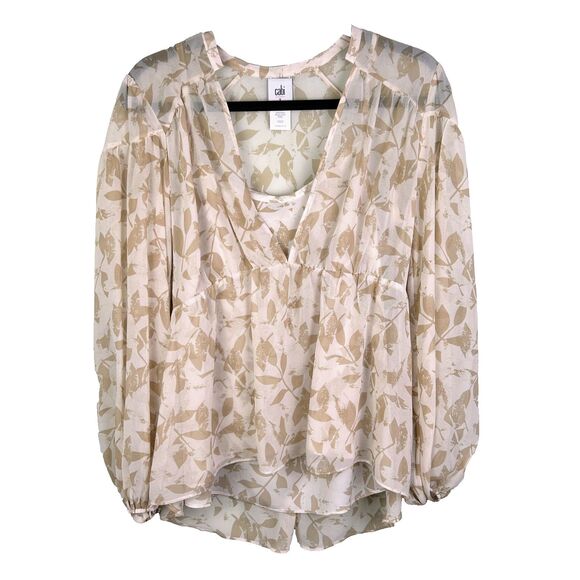 Cabi Couplet Blouse Flowy Chiffon Sheer Long Sleeve Top w/ Cami Beige Cream S - Picture 2 of 15